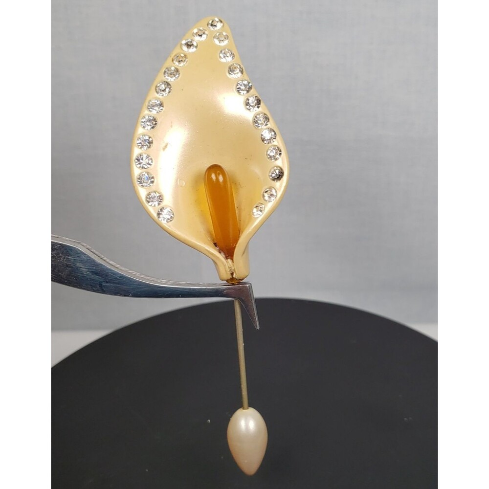 Vintage 1940's Celluloid Calla Lily Cream Clear Rhinestones 4" Stick Pin Brooch